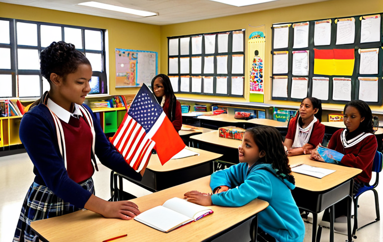 **Image Prompt 1: Classroom Diversity**
   - "A vibrant classroom scene showcasing students from various cultural backgrounds engaged in a collaborative project. The room is filled with cultural artifacts, flags, and educational materials representing different traditions. Students are sharing stories and working together, creating an atmosphere of empathy and respect."