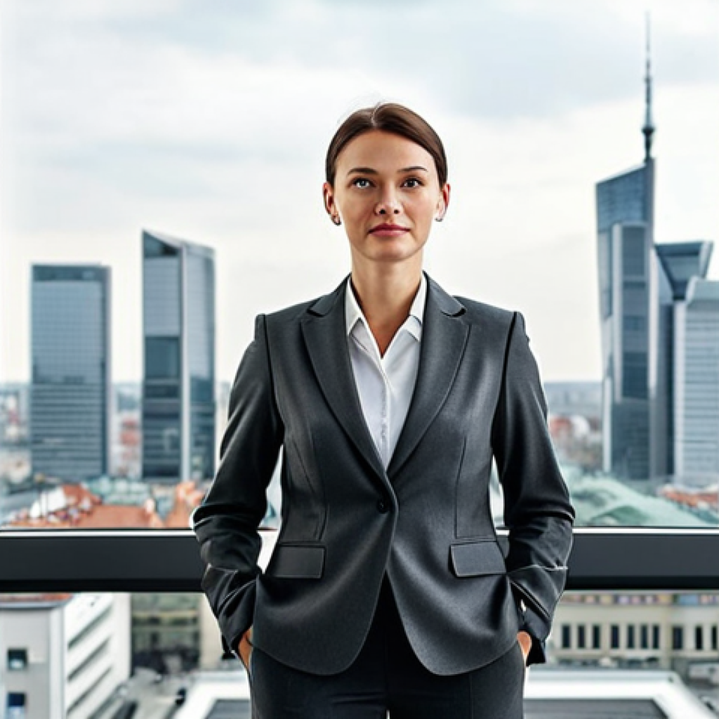 모듈식 교육과정의 글로벌 사례 비교 - ** A professional businesswoman in a tailored, dark grey business suit, standing confidently in a mo...