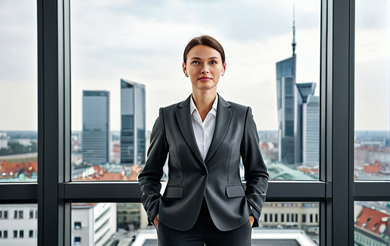 모듈식 교육과정의 글로벌 사례 비교 - ** A professional businesswoman in a tailored, dark grey business suit, standing confidently in a mo...