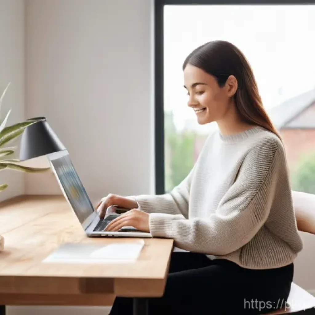 모듈식 교육과정의 유연한 학습 환경 - **Flexible Learning in a Modern Home Office:** A young woman, approximately 30 years old, with a war...