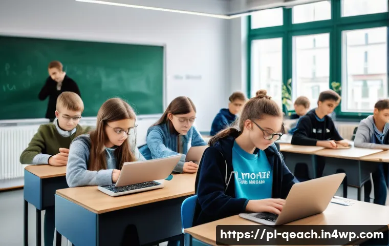 모듈식 교육과정의 유연성 - A modern classroom scene in Poland featuring diverse high school students engaged in a modular learn...