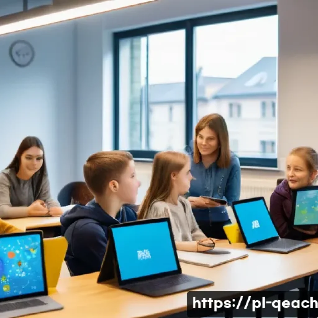모듈식 교육과정의 장기적 발전 전략 - A modern Polish classroom scene showing a diverse group of students using laptops and tablets, engag...