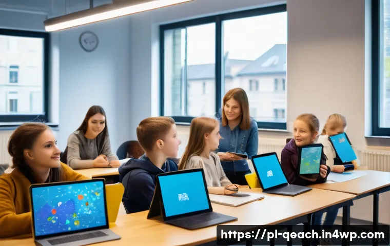 모듈식 교육과정의 장기적 발전 전략 - A modern Polish classroom scene showing a diverse group of students using laptops and tablets, engag...