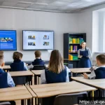 Home 20 모듈식 교육과정의 지속적인 개선 방안 - A modern classroom scene in Poland featuring a diverse group of students engaged with modular learni...