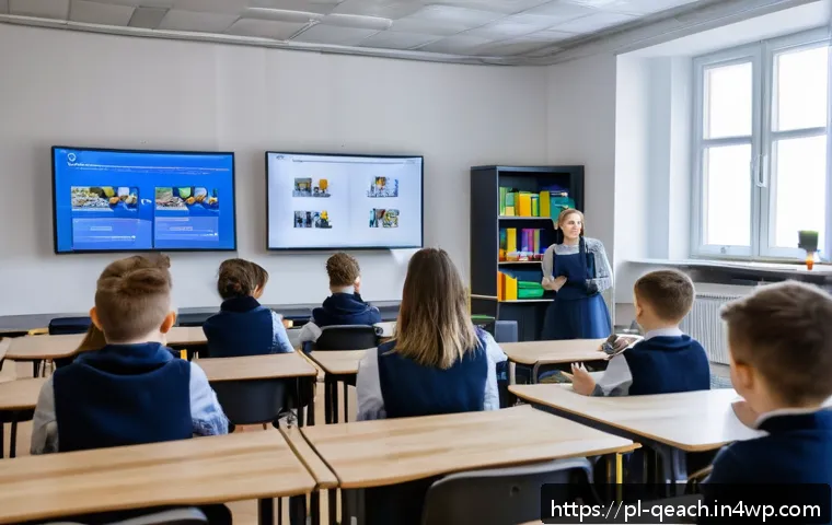 모듈식 교육과정의 지속적인 개선 방안 - A modern classroom scene in Poland featuring a diverse group of students engaged with modular learni...