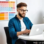Home 18 온라인 모듈식 교육과정의 효과 - A modern home office setup with a young adult studying on a sleek laptop, surrounded by colorful inf...