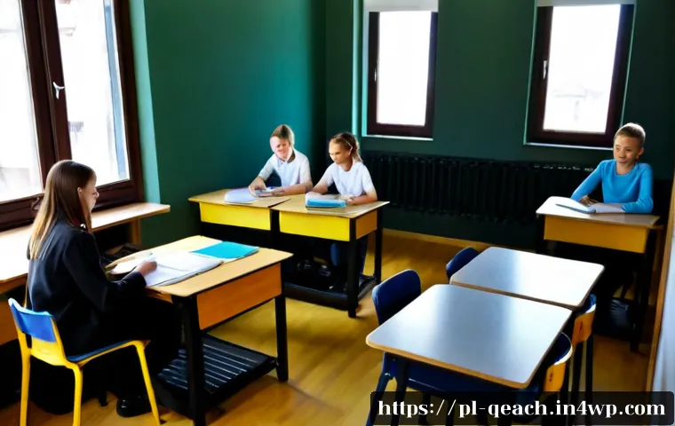 모듈식 교육과정의 시사점 - Photorealistic Polish secondary school classroom, diverse teenage students rotating between clearly ...